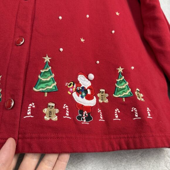 Vtg Christmas Cardigan Jacket Womens 1X Red Embroidery Santa Holiday Grandmacore - Picture 5 of 12